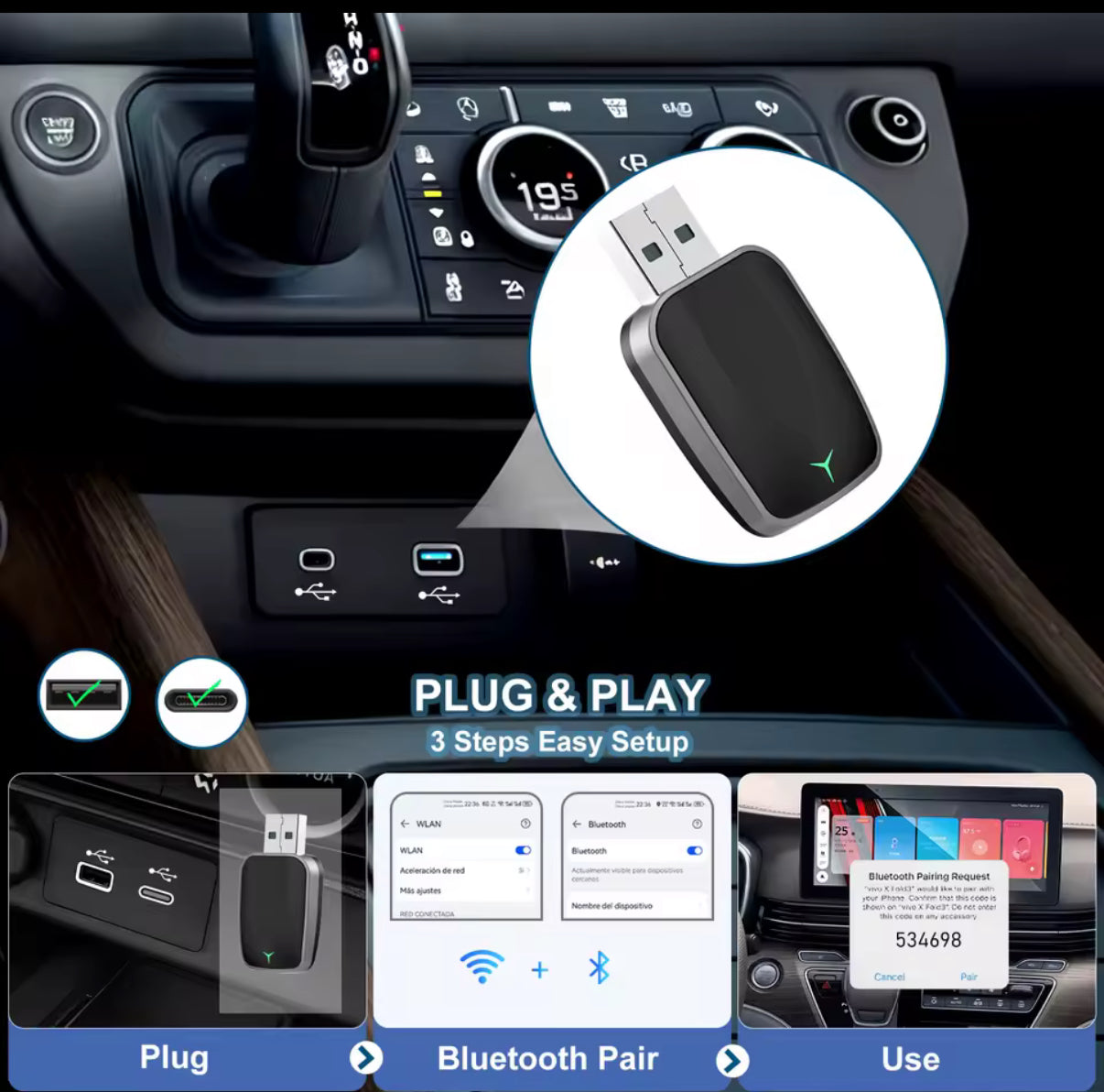 Mini draadloze CarPlay & Android Auto-adapter β Plug & Play Dongle