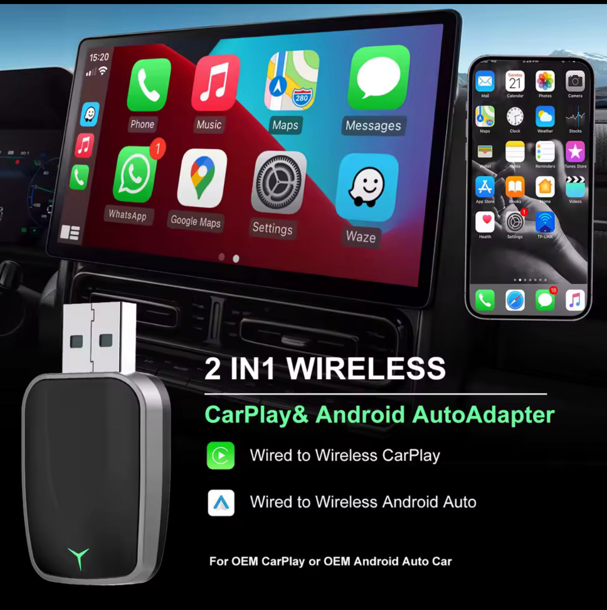Mini draadloze CarPlay & Android Auto-adapter – Plug & Play Dongle
